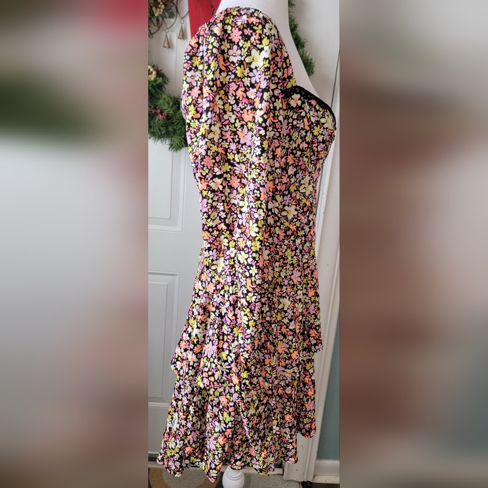 AFRM Modesto Sweetheart Long Sleeve Mini Dress Womens M Black Multi Neon Floral - Picture 6 of 16